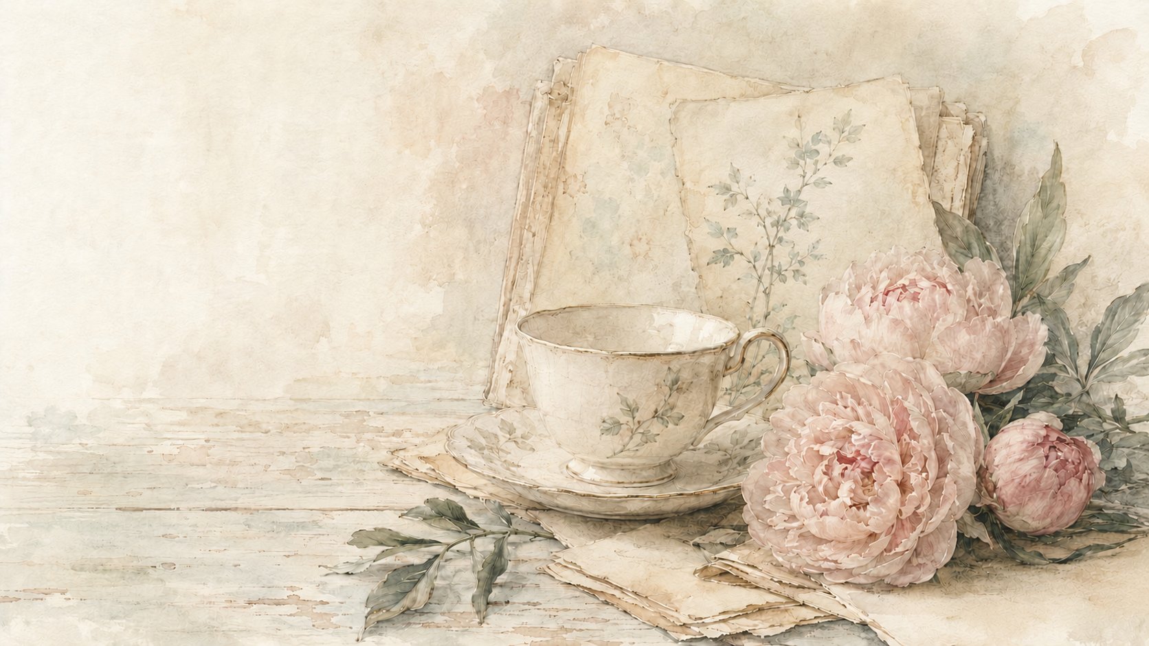Watercolor and charcoal still life of a cream teacup, old paper, soft pink peonies, and muted sage leaves